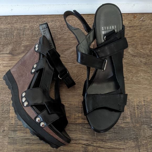 𝅺Stuart Weitzman - leather black wedge shoes - Picture 1 of 7
